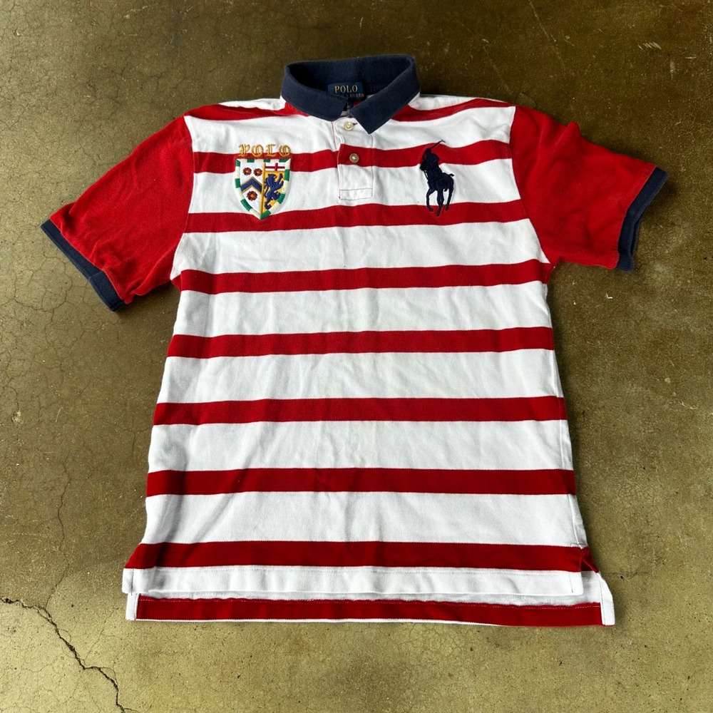 Polo Ralph Lauren Polo Shirt Kids L 14-16 Red White Excellent Striped Crest Pony
